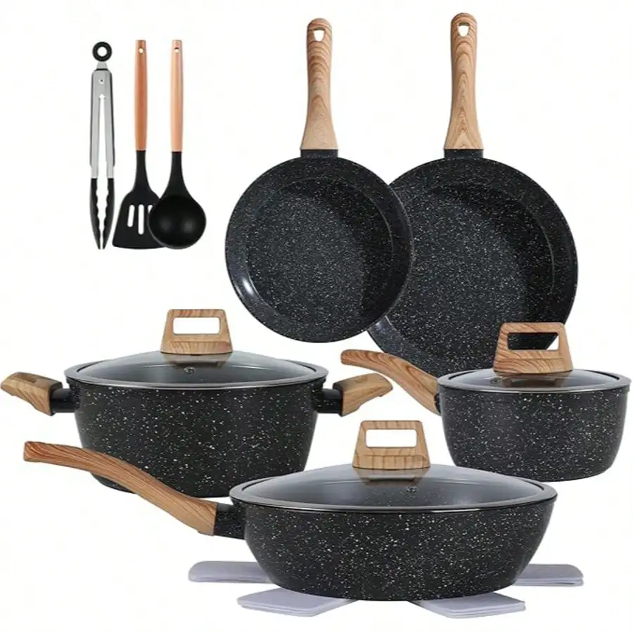 

Ceramic Cookware Sets 15PCS Pots And Pans Set Non Stick Black15