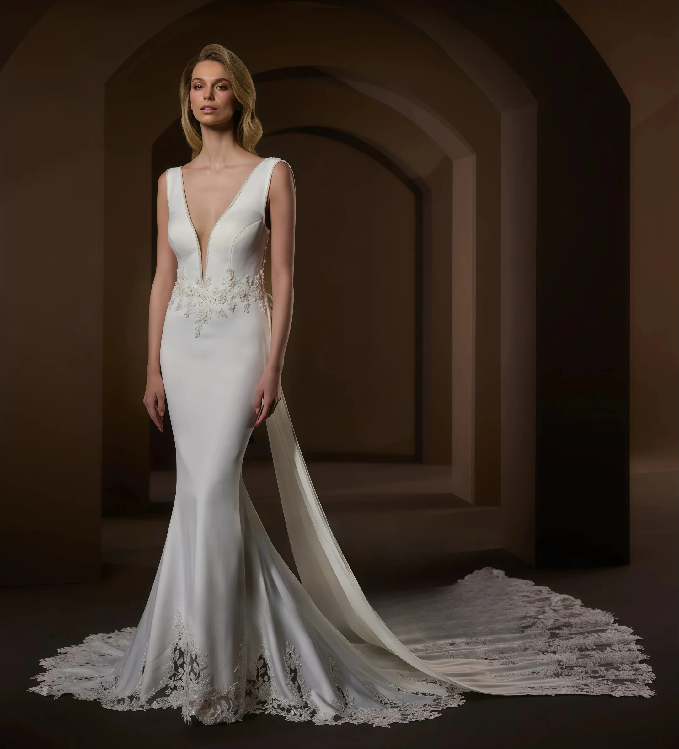 Customized Ornate Lace Deep V Sleeveless Fishtail Sheer Back Floral Applique Sweep Train Floor Length Classic Bridal Attire