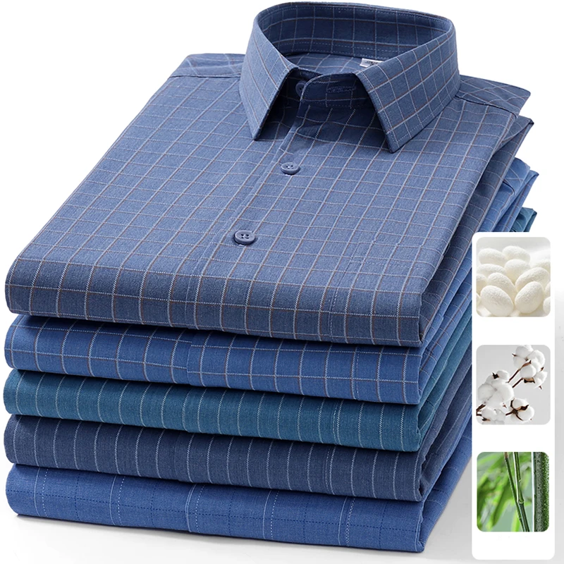 Large Size 8XL-7XL-6XL Men's Shirts Bamboo Fiber Long Sleeve Anti-wrinkle Soft Casual Fashion Business Plaid Shirt Male Clothing