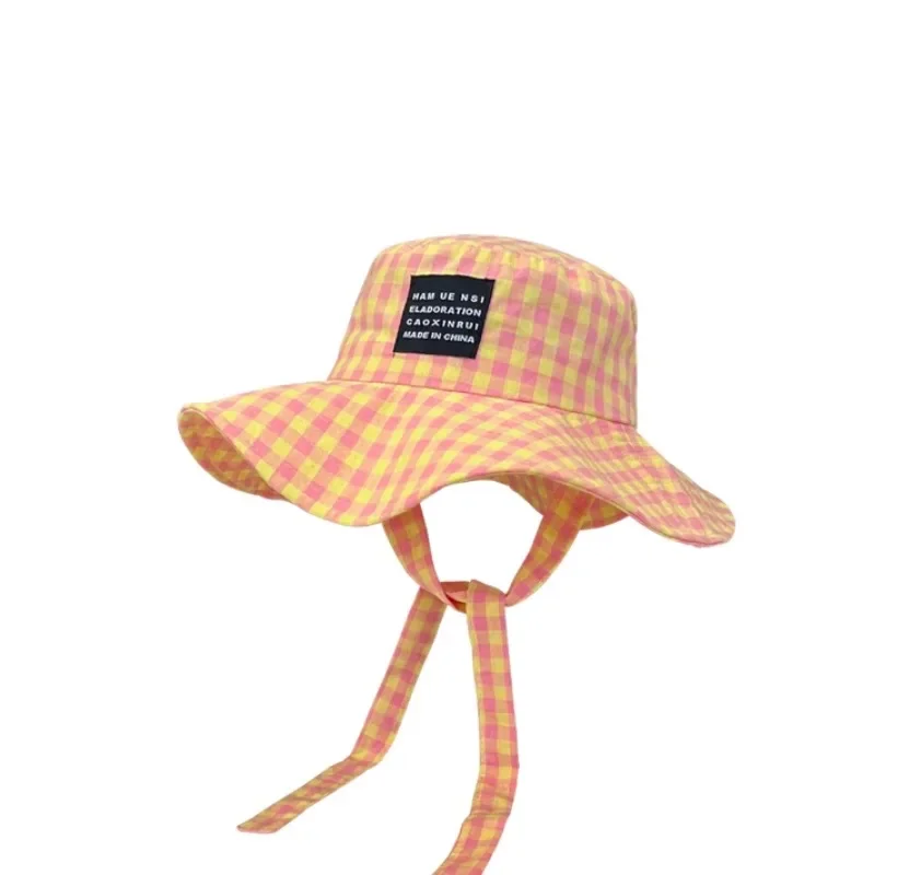 Ins Blogger Retro Plaid Tie Strap Eimer Hut Frauen Sommer Reise Vielseitig Fischer Hut Mädchen Mode Beliebte Breite Krempe Sonne Kappe – Detail 26
