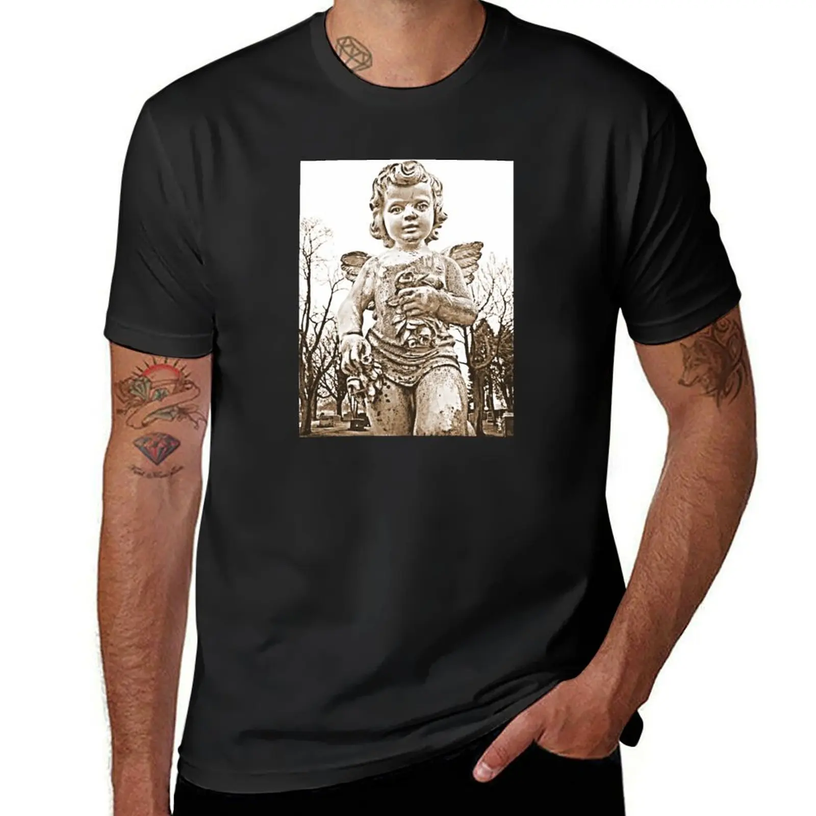 Weathered Cherub with Flowers T-Shirt Short sleeve tee Aesthetic clothing designer t shirt men