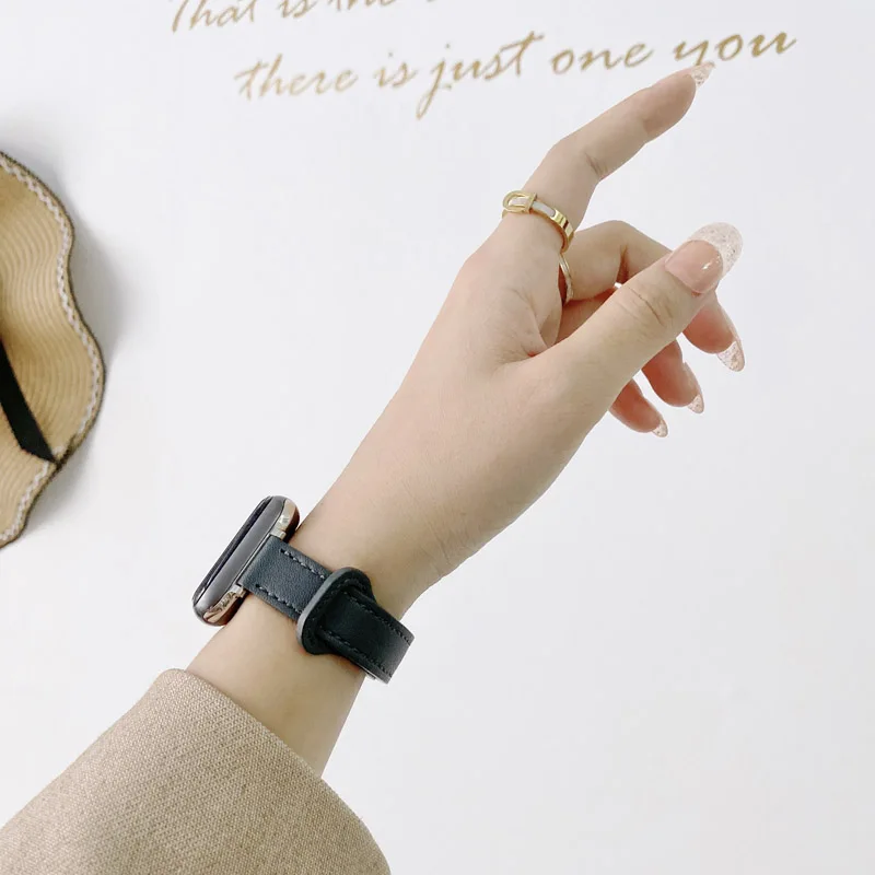 Thin Leather Strap For iWatch 49mm 38mm 40mm 42mm 44mm 41mm 45mm Women Slim Bracelet For Apple Watch Series Ultra 8 7 6 5 4 SE 3