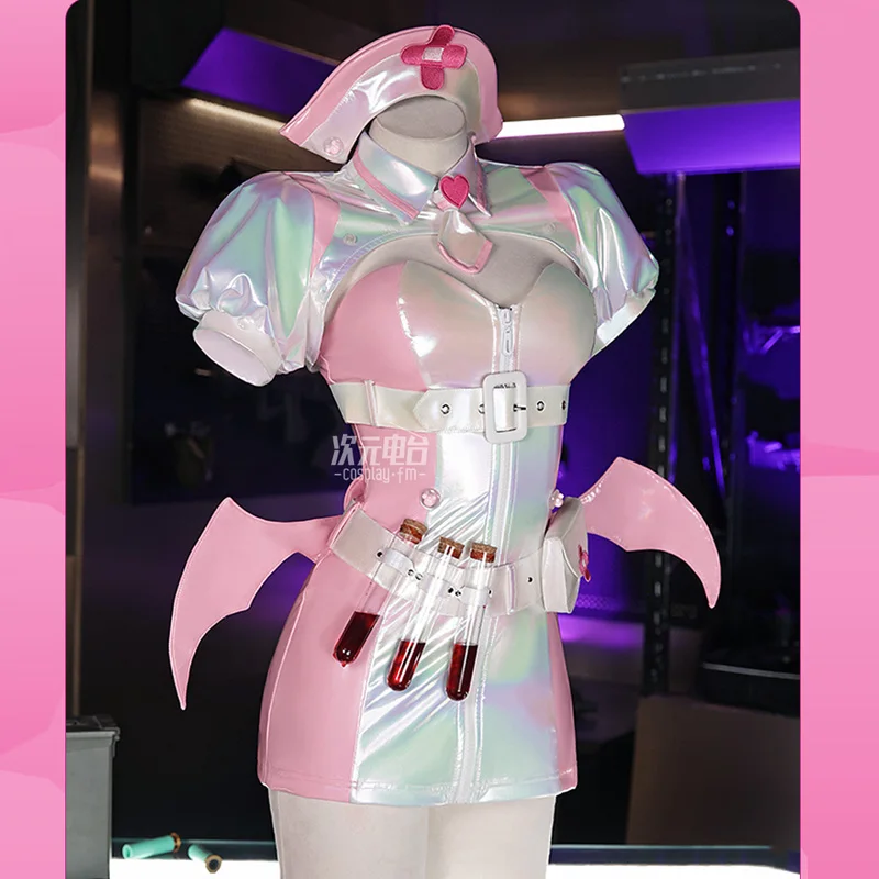 Lindo vestido de enfermera de cuero calcetines conjunto de alas mujeres Muse Dash Buro disfraz de Cosplay uniforme de enfermera Sexy ropa de fiesta de Carnaval de Halloween