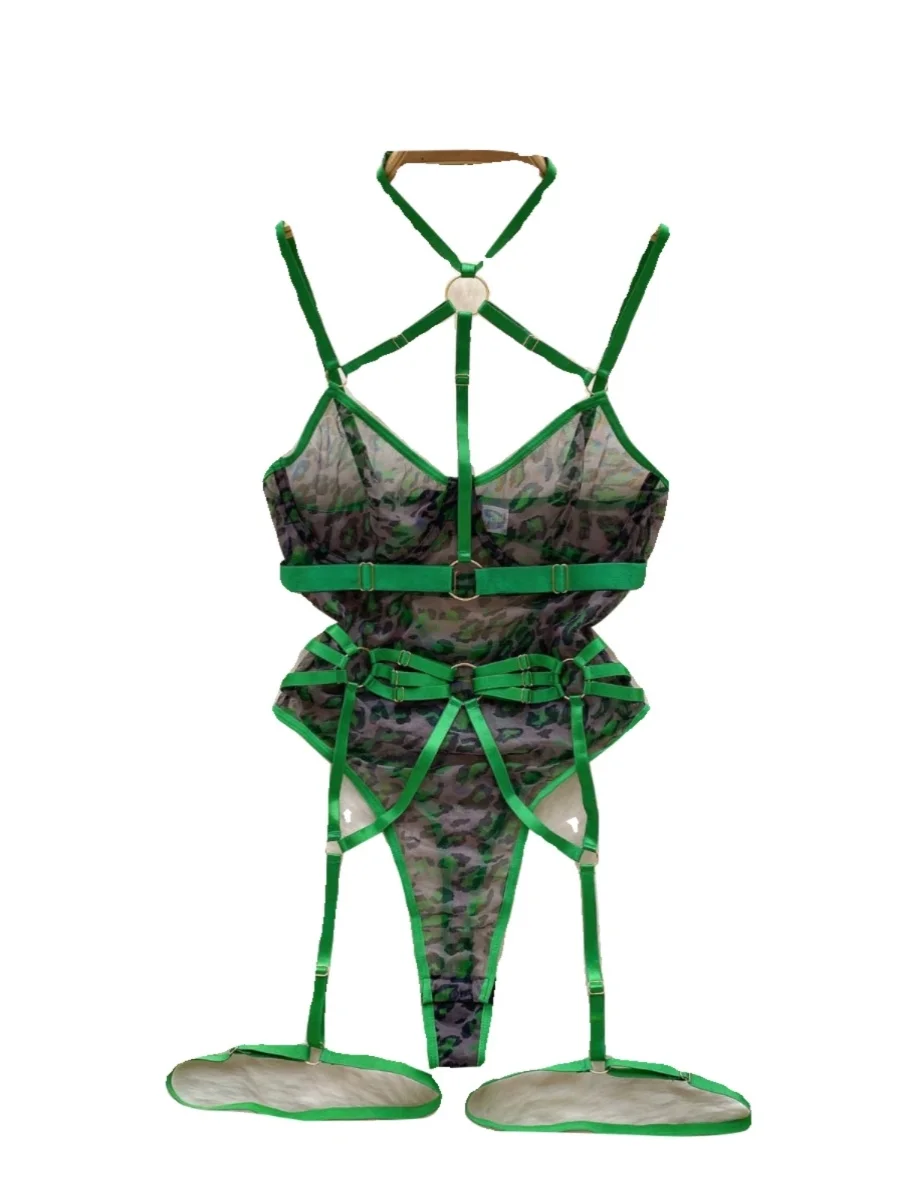 Vrouwen Groene Jumpsuits Overalls Y2k Off Schouder Perspectief Speelpakjes met Jarretels Vintage Exotische Sexy Rompertjes Coquette Kleding