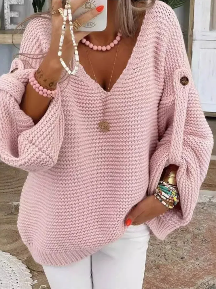 

Casual V Neck Sexy Sweater For Women Fashion Long Sleeve Button Pullover Knit Sweaters Tops Lady Solid Holiday Women's Clothing
