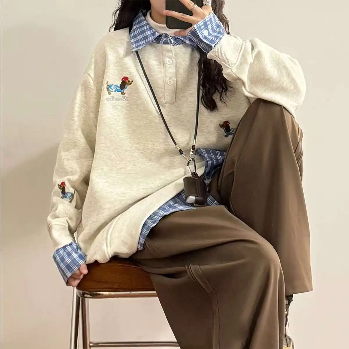 American Vintage Dog Embroidery Plaid Splicing Fake Two Piece Hoodie Men Women Loose Casual Couple Korean Streetwear Pullovers