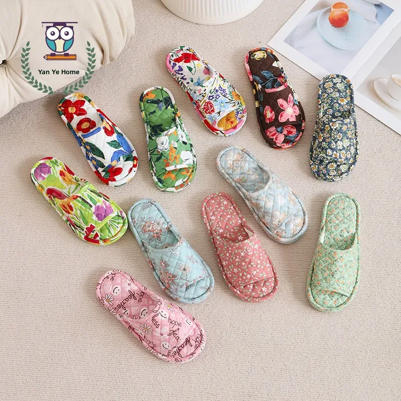 Thickened Three-Layer Soft Bottom Anti-Slip Silent Indoor Home Cotton Slippers Women's Country Style Floral Print Slip-On Shoes