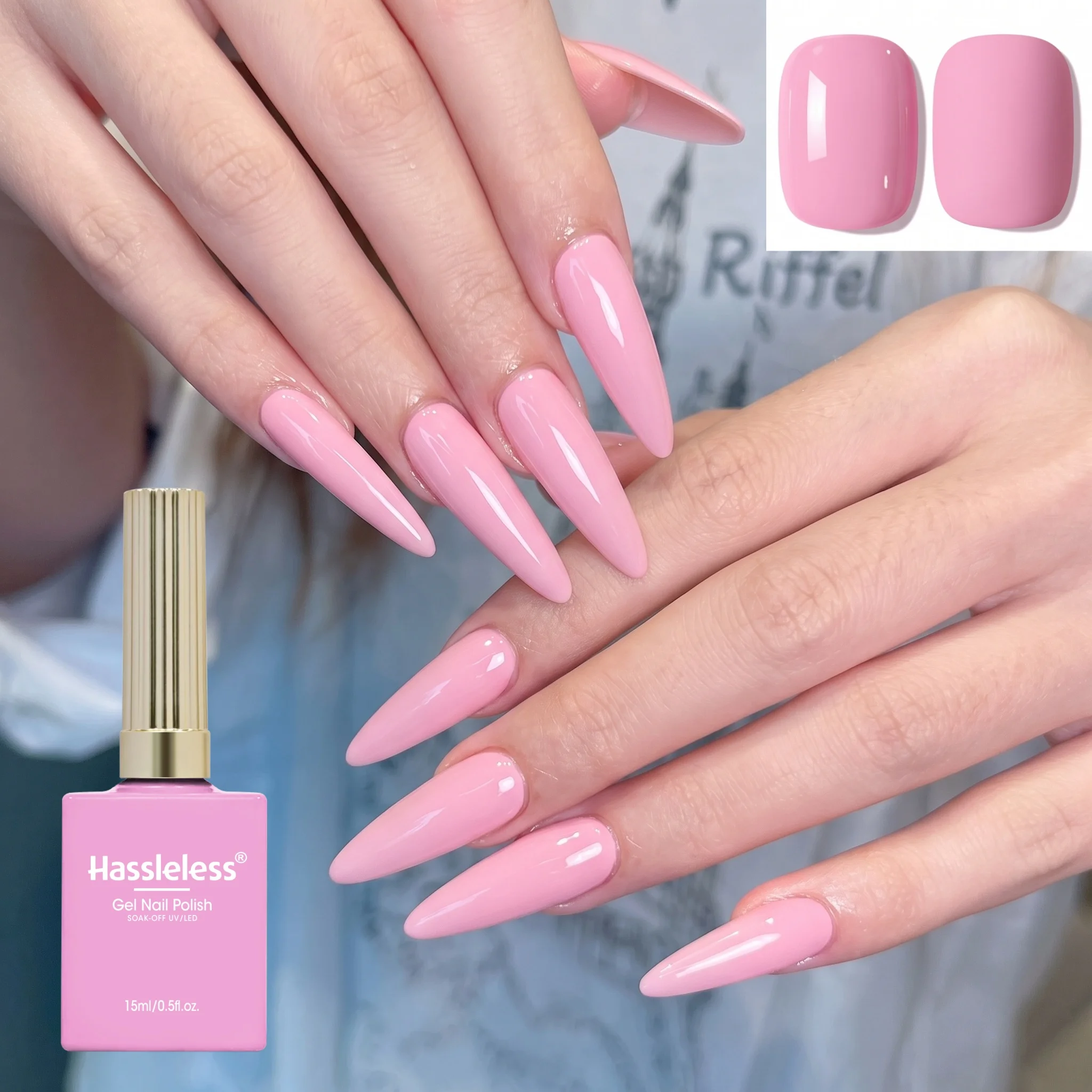 Hassleless Glossy Pink Nail Polish Gel 0.5 Oz, Creates a Shiny Texture for Hands, Long-Lasting Color, Enhances Texture, Daily Nail Care, Nail and Hand Care.