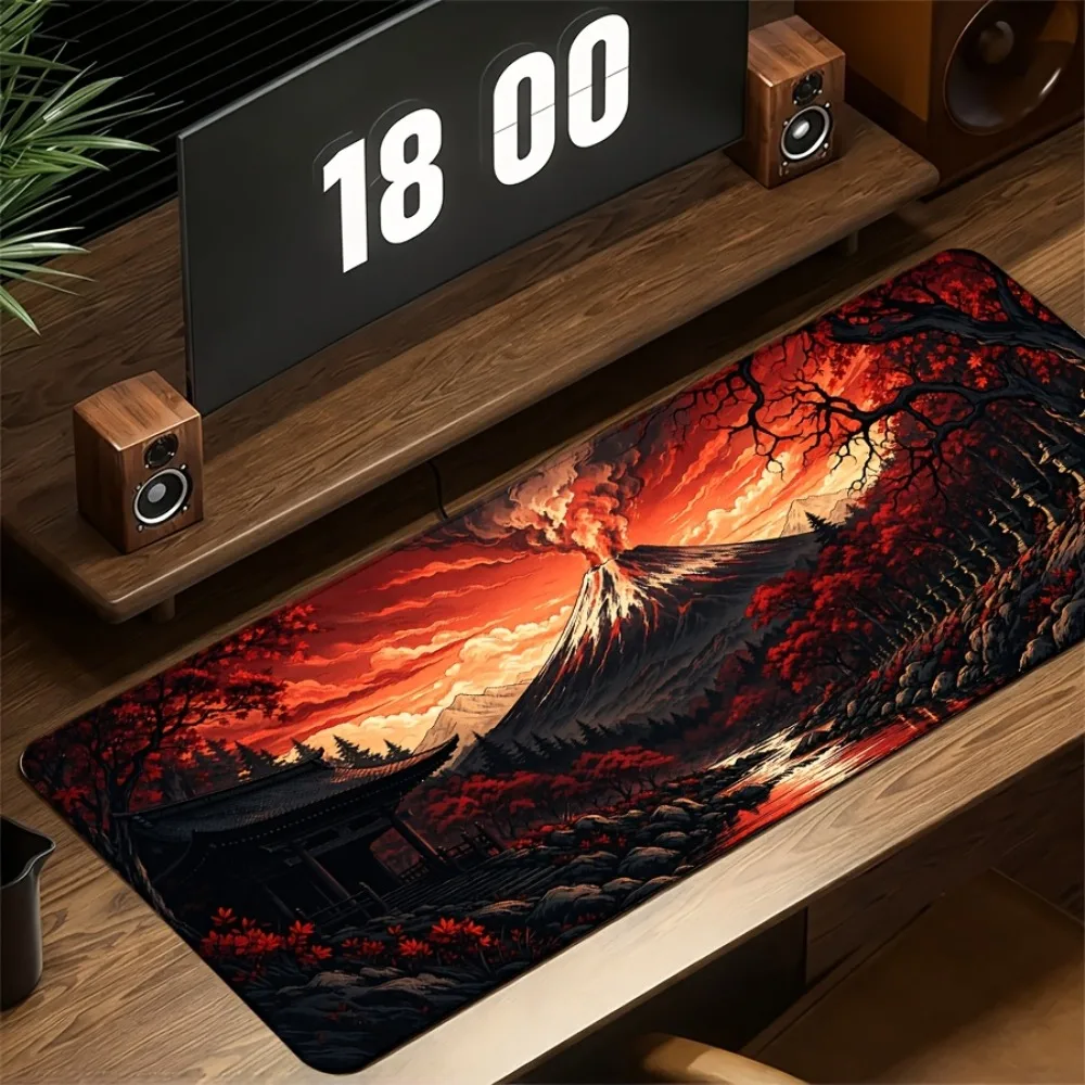 Red Flame Fuji Mountain Extended Gaming Mouse Pad, Large-sized Japanese Volcano Scenery Table Mat, Anti-slip Rubber Bottom