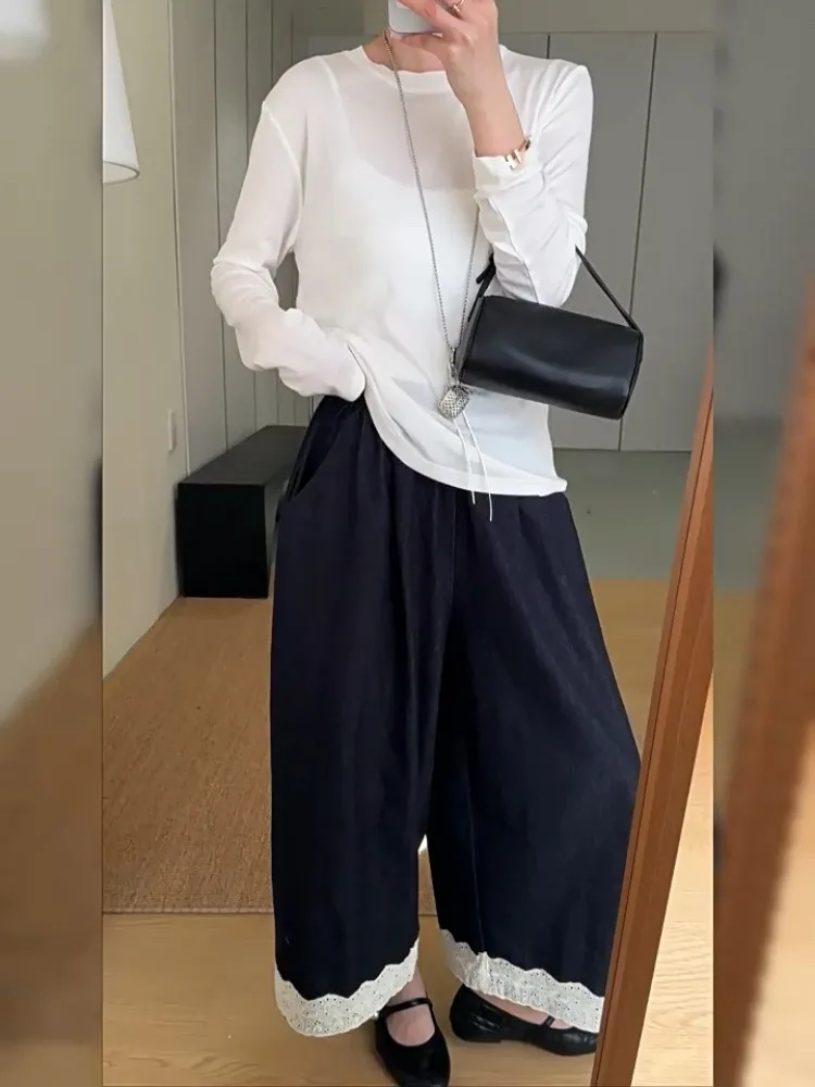 

Design Lace Patchwork Baggy Jeans Women's Jeans Wide Leg Pants Elastic High Waist Summer Straight Trouser Blue Denim Long Pants