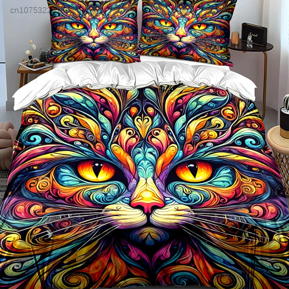 Colorful Cat Art Decor Set Multiple Sizes kid's And adults' Bedroom Exquisite 3PC Bedding set, Gift