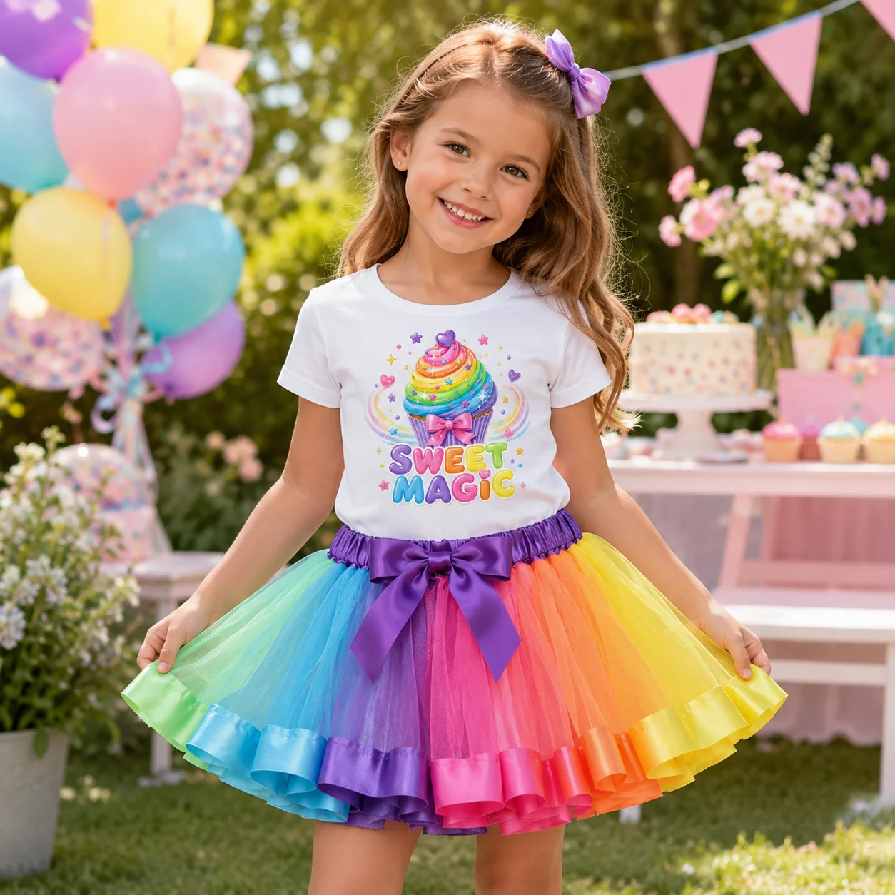 Kids Girls Rainbow Tutu Skirt 2 Piece Set Sweet Magic Cupcake Graphic T-shirt Baby Girl Summer Party Dance Clothes With Bow