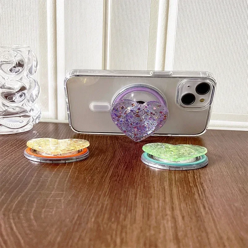 Elegante Glitter paillettes Love Heart Smart Tok per telefono magnetico Magsafe Griptok Grip Tok Stand supporto universale per telefono Smart Tok