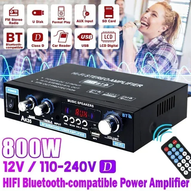 AK35/G919H 1000W Home Car Power Amplifiers 2 Channel Bluetooth Surround Sound FM USB Remote Control Mini HIFI Digital Stereo Amp