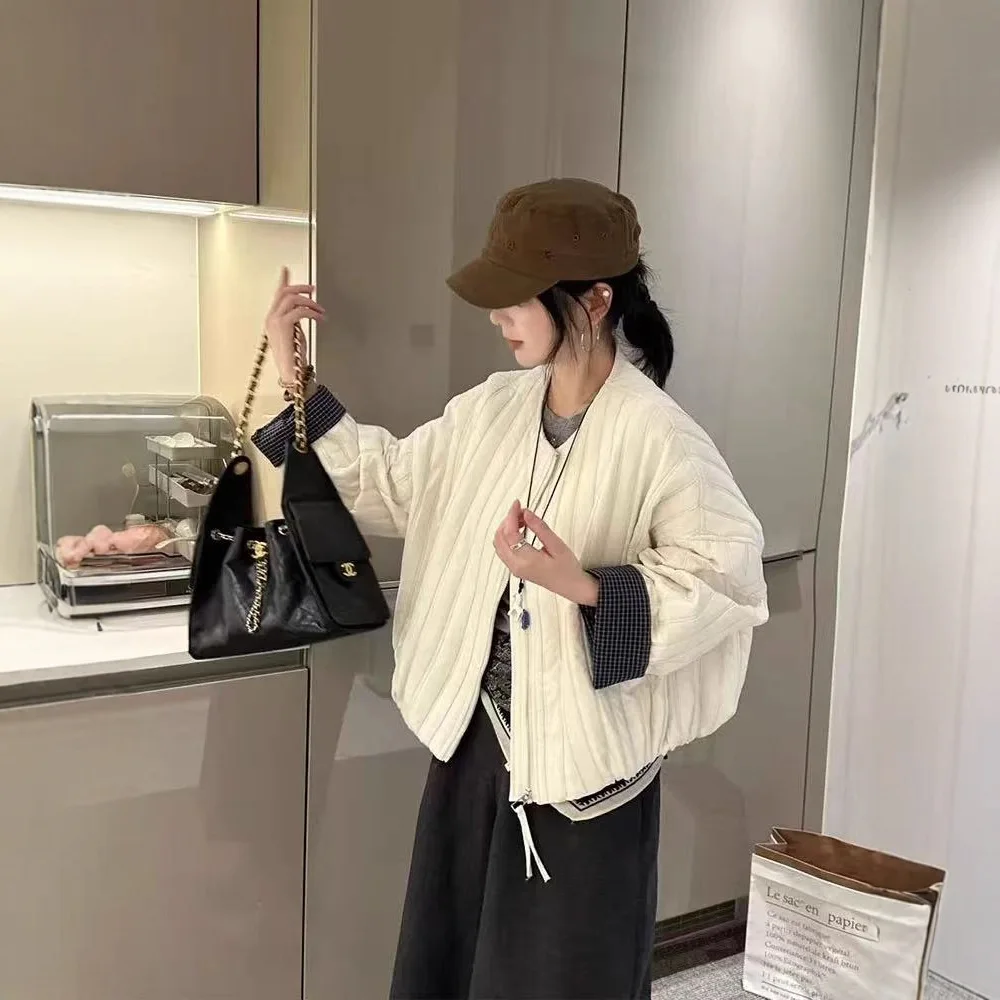 

2025 New Versatile Slim-Fit Jacket, Round Neck, Vertical Stripe Cotton Coat for Women