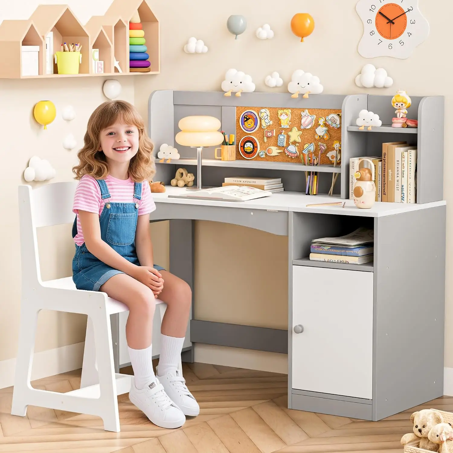 Kids Study Desk Chair Set Tiltable Desktop Storage Wooden Table 5-12 Years Girls Bedroom Drawing, Customized