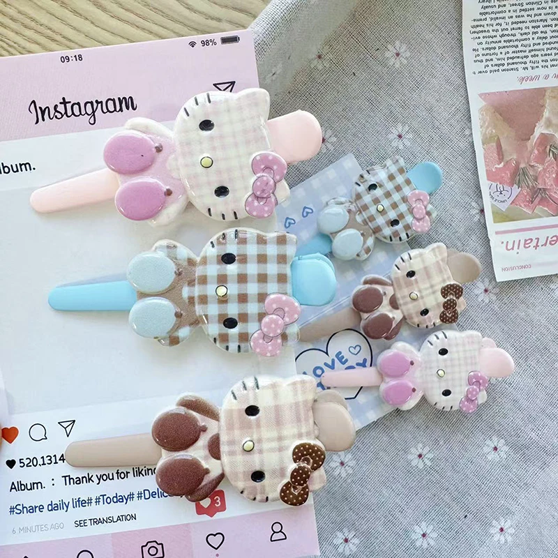 1PC Sanrio Hello Kitty Cute Retro Plaid Cat Duckbill Bangs Long Clip Characters Hair Clips Hair Decoration DIY Accessories Girls