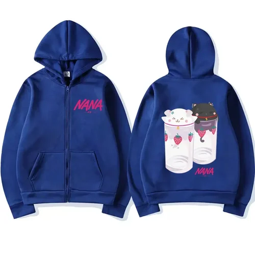 Imagen 2 del producto Nana Hachi-gafas de fresa, sudaderas con capucha con cremallera gráfica, ropa de Anime Harajuku Unisex, sudadera con cremallera, jerséis informales de lana