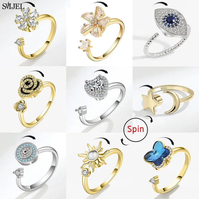 Luxury Rose Flower Rotating Anxiety Ring For Women Spinner Fidgets Heart Charm Adjustable Open Rings Star Moon Bague Anti Stress