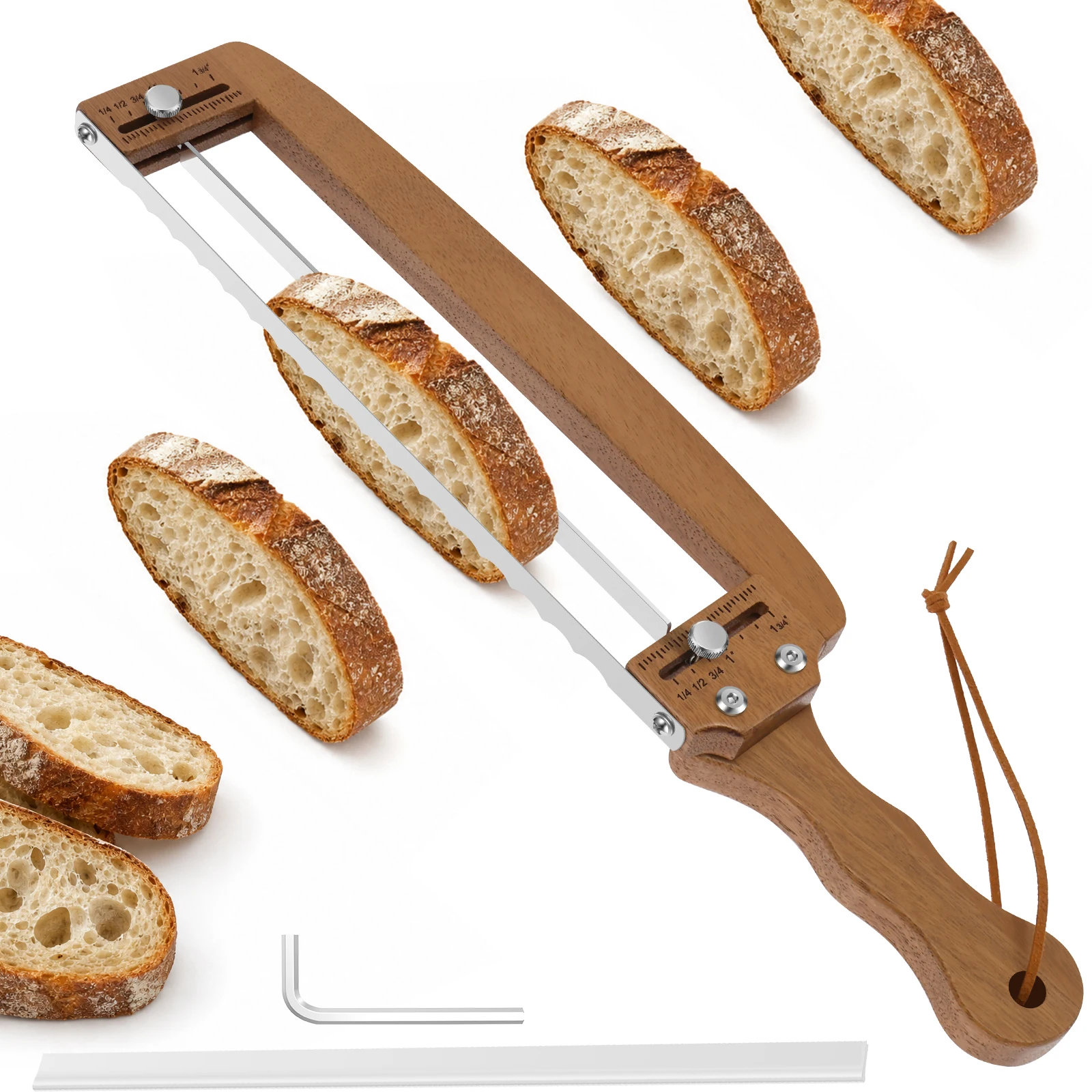 Wooden Bread Slicer Adjustable Thickness Bread Knife Manual Bow Sourdough Bread Cutting Knife for Loaf and Cake Baking Gadgets