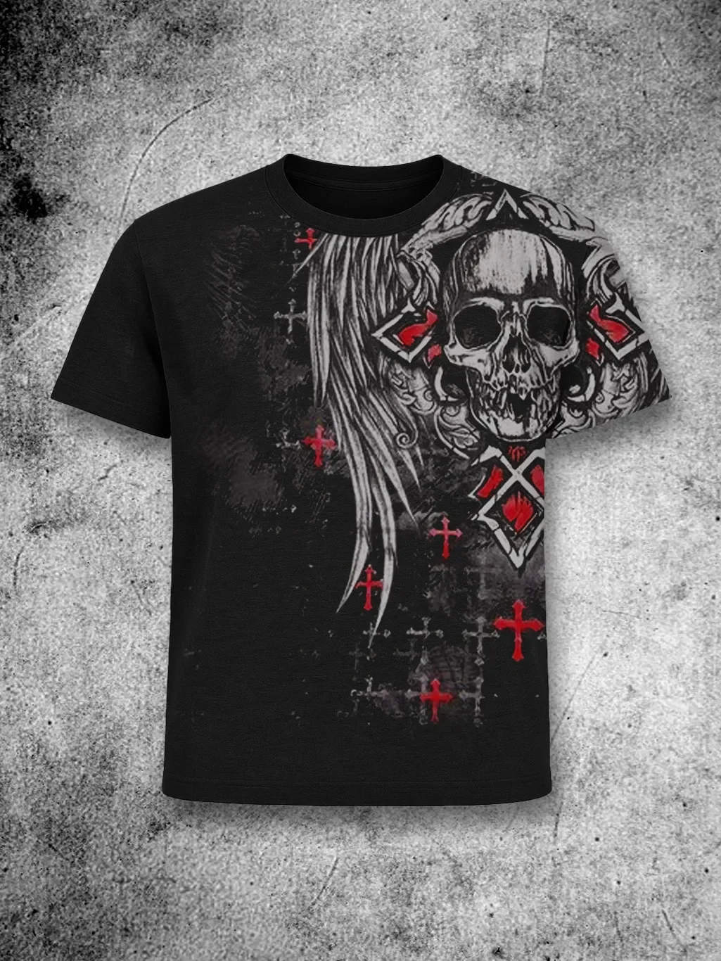 Gothic Skeleton Red Cross Decorative Round Neck T-shirt, Black Dark Art Pattern Short Sleeve T-shirt for Men and Women