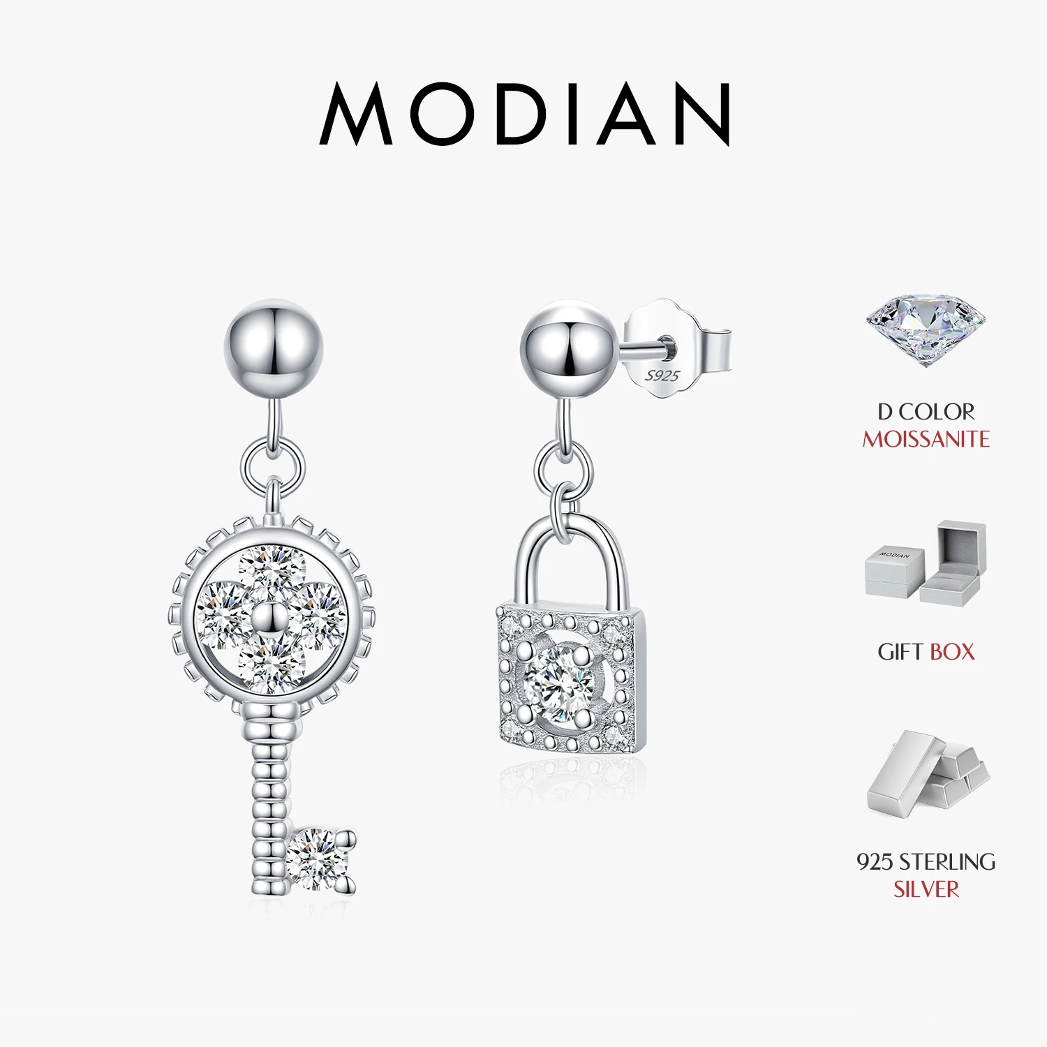 MODIAN Moissanite Asymmetrical Lock Key Dangle Earrings 925 Sterling Silver Trendy Fine Jewelry Accessories For Women Daily Wear