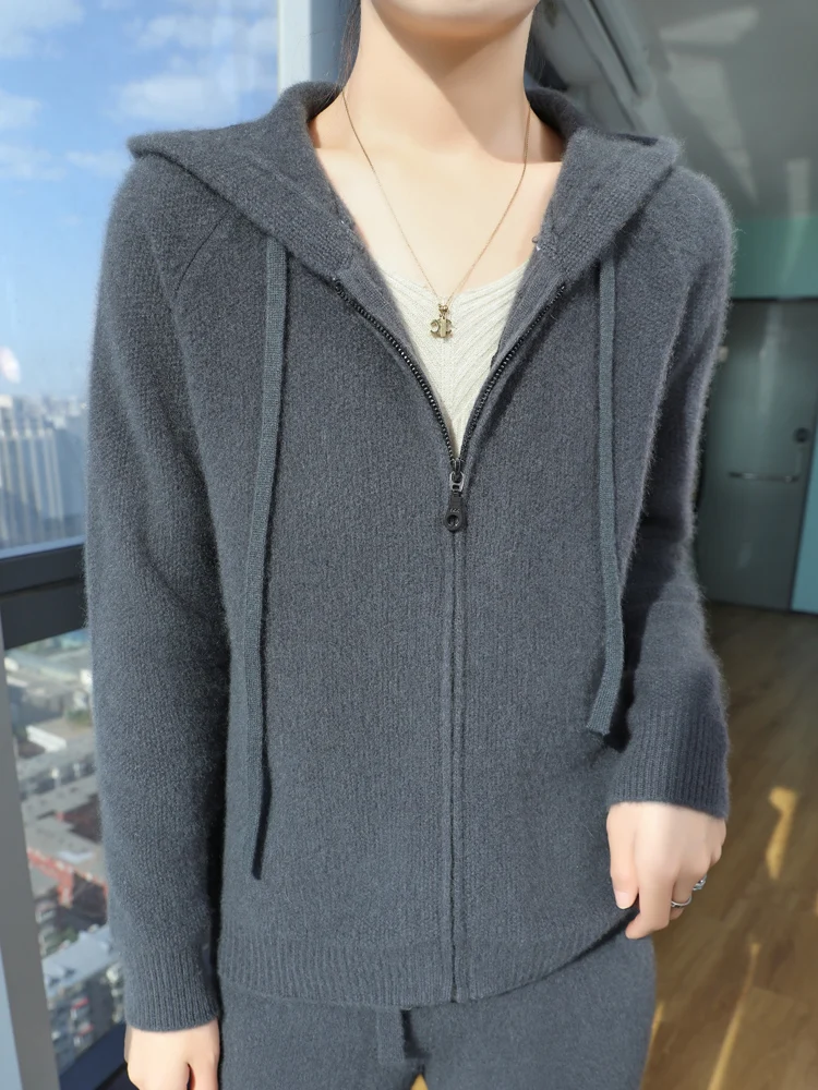 2024 Fashion Women Zippers Hooded Cardigan Autumn Winter Thick Casual Loose Style Cashmere Sweater 100% Merino Wool Knitwear Top