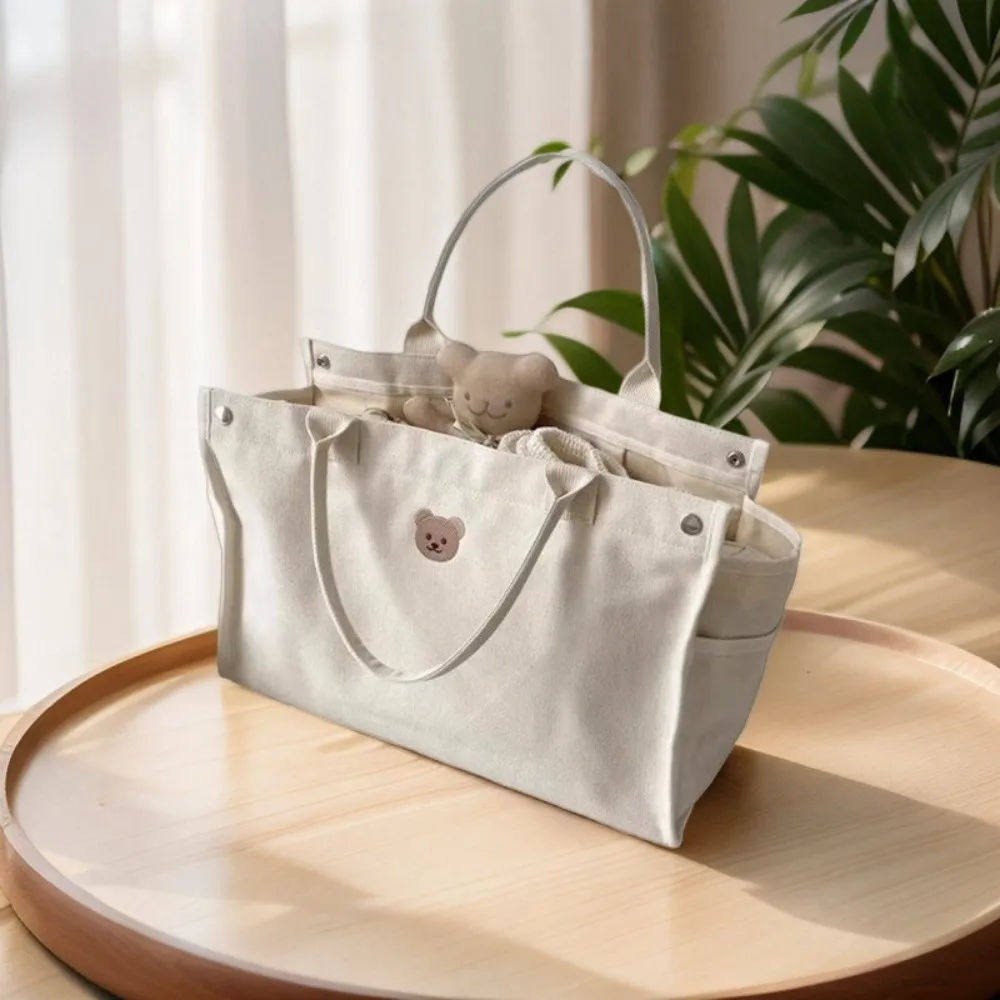 

New Cartoon Bear Canvas Mother Bag Multifunctional White Tote Bag Large Capacity Baby Diaper Bag Women