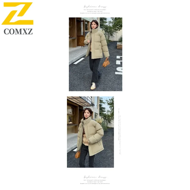 COMXZ 2025 Winter Mens Loose Fit Stand Collar Solid Color Puffer Jacket Short Warm Coat Casual Outwear  lightweight windbreaker