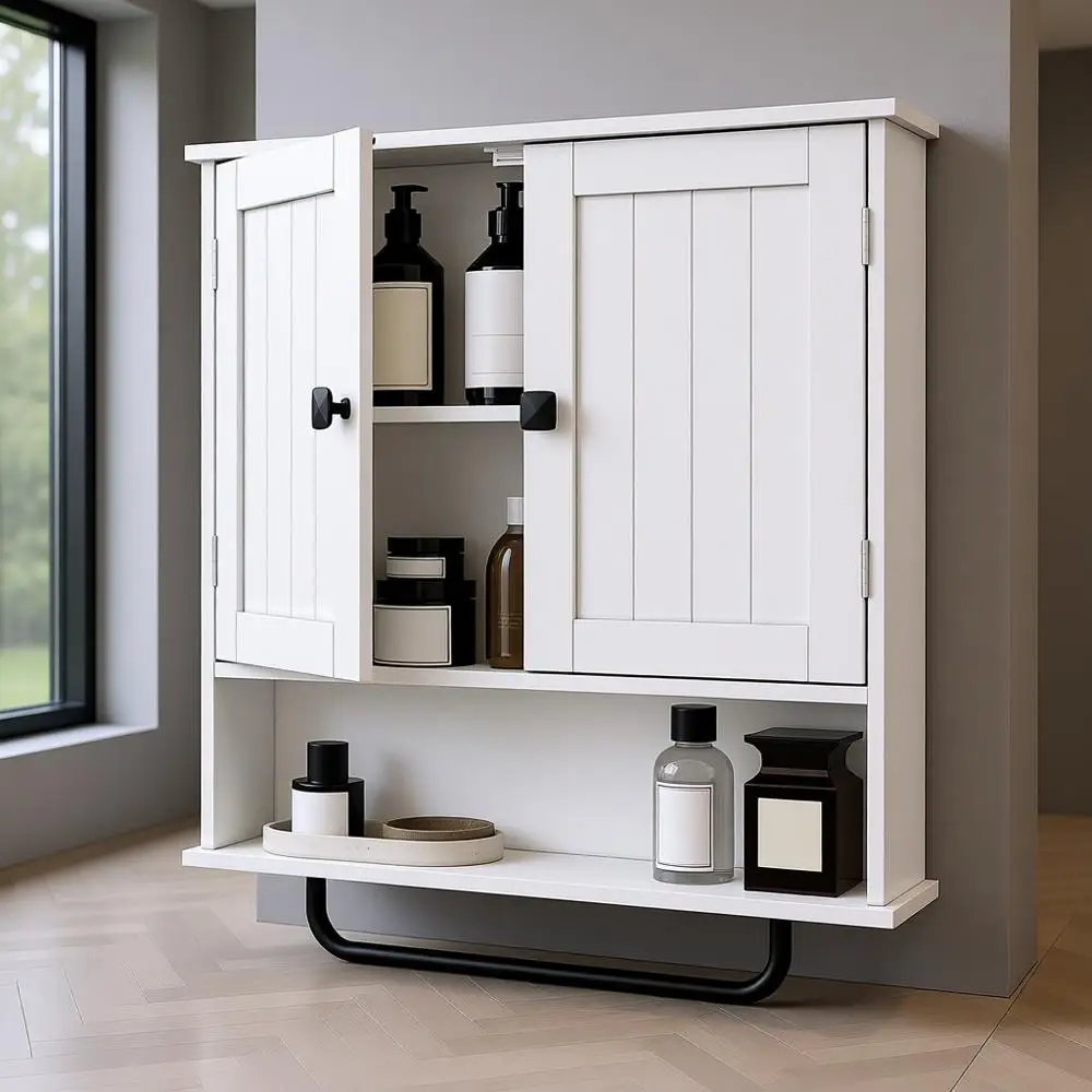 

Настенный медицинский шкафчик с держателем для полотенец и местом для хранения над унитазом, регулируемые полки, белый