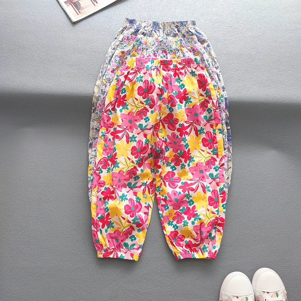 

Kids Babys Lantern Trousers Summer Sweet Girls Casual Print Cool Pants Boys Girls Retractable Feet Breathable Beach Pants