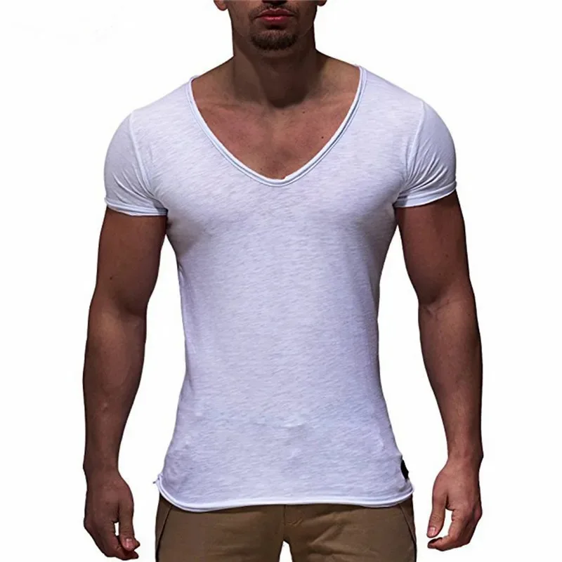 Summer Men\'s Casual Short Sleeve T-shirt Fashion Solid Color V-neck Gym Fitness Muscle Shirt Casual Joker Basic T-shirt