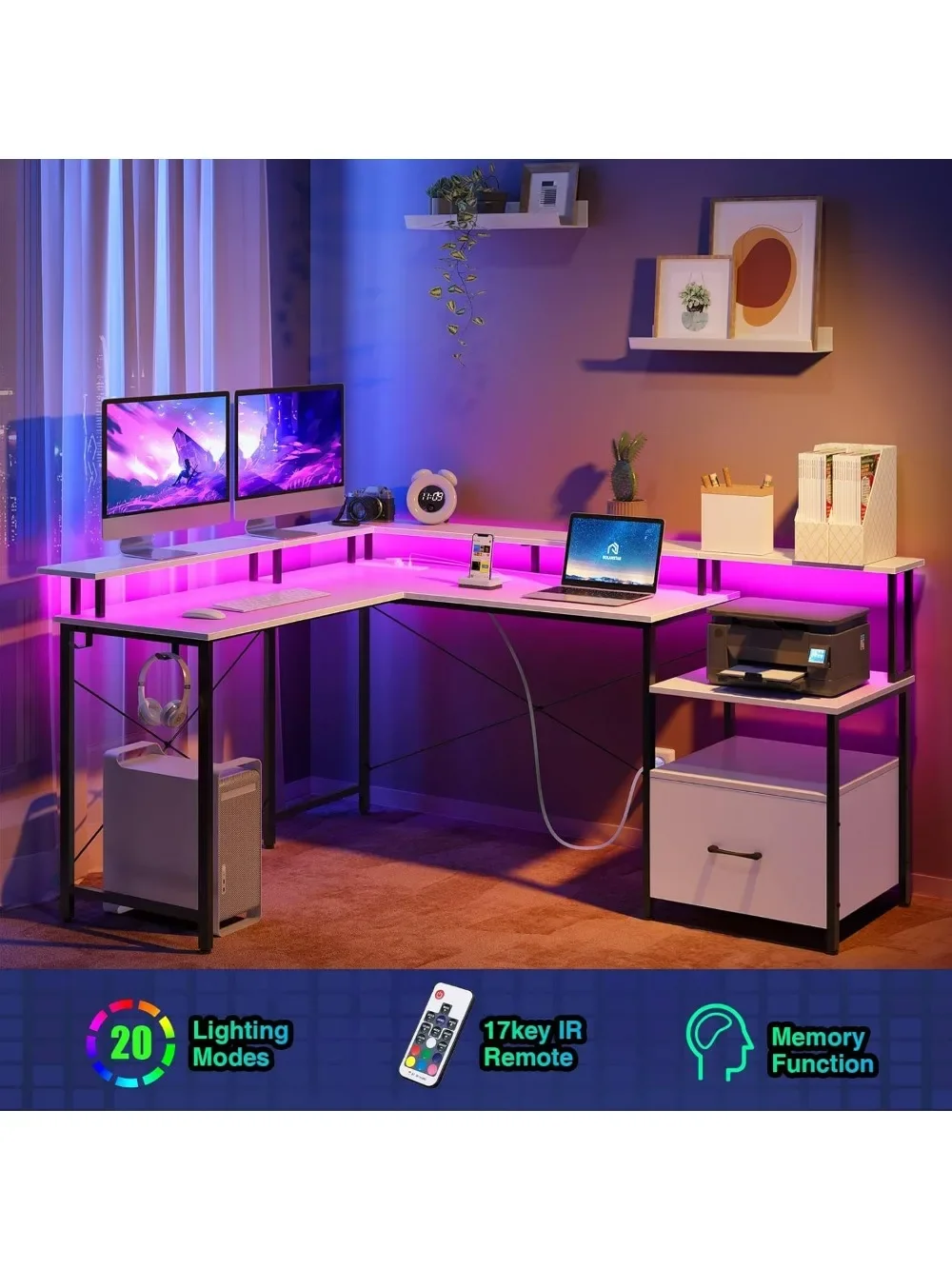 Computer Corner Desk with File Cabinet, Gaming Desk with Monitor Shelf, Home Office Desk