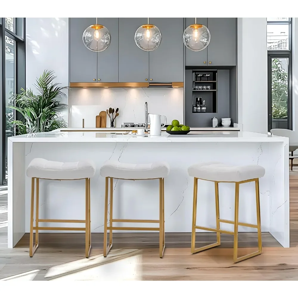 مجموعة من 3 مقاعد بار بدون ظهر باللون الأبيض والذهبي مع ارتفاع من الجلد الصناعي المنجد للمطبخ أو غرفة الطعام