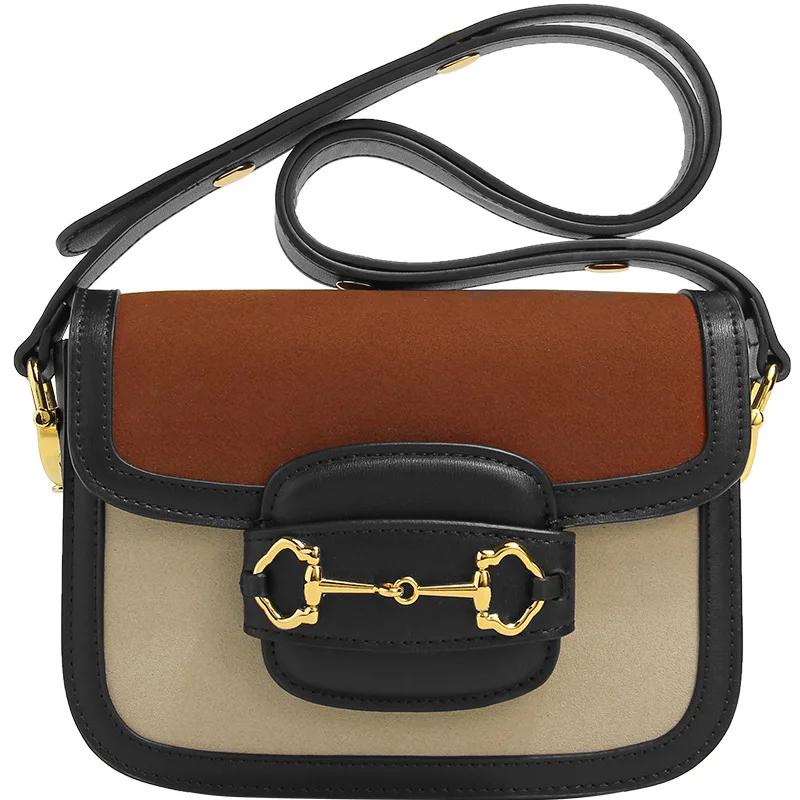 Fashionable Vintage Suede Leather Shoulder Bag with Colour Blocking Design for Ladies Saddle Handbags