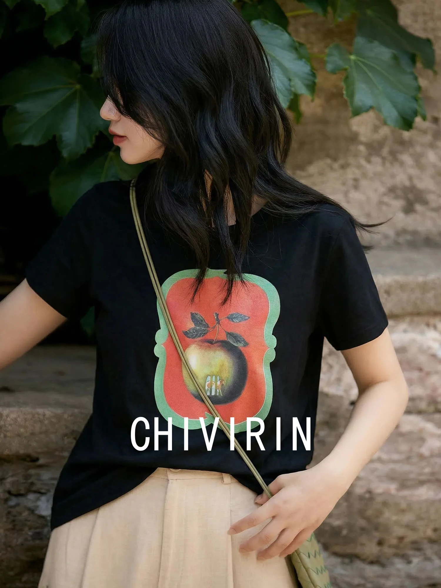 

Chivirin Pure Cotton T-Shirt Women's Casual Summer Print Loose Fit Short Sleeve round Neck Top Breathable Comfortable