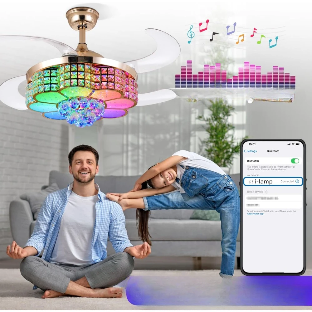 Ceiling Fan with Speaker, 85 Kinds of Color Light,6 Speed Reversible Modern Invisible Ceiling Fan,Remote and APP Control