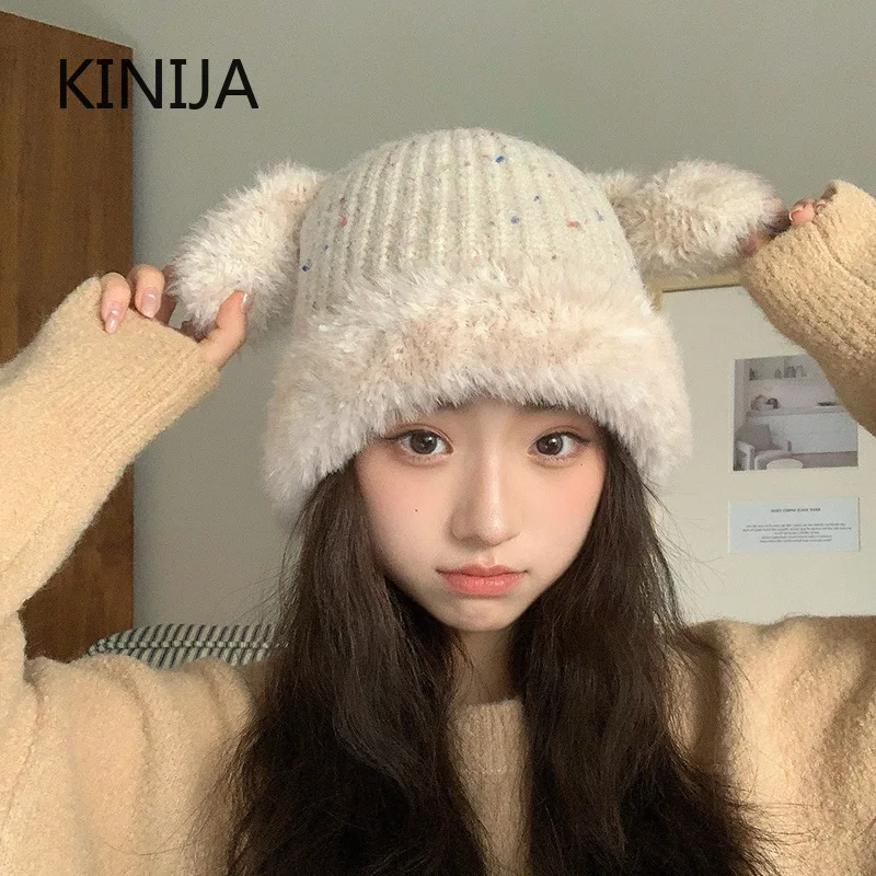 Niedliche kleine Bärenohrmütze für Damen, einfarbig, Plüsch, Wärme, flauschig, Winter, großer Kopf, Strickmütze, Pullover-Zubehör