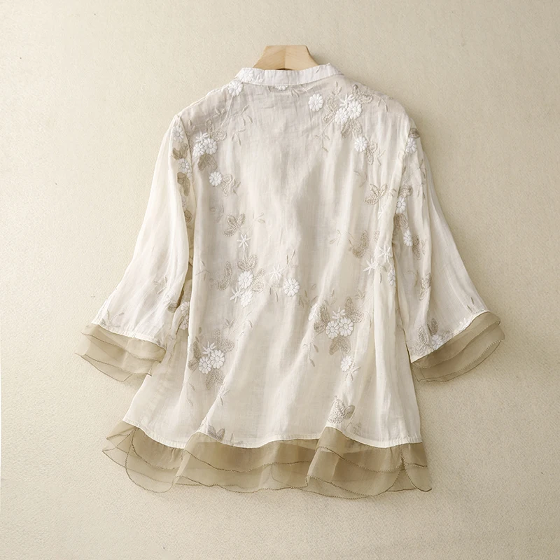 Cotton Linen Floral Women\'s Shirts Summer 2023 New Embroidery Chinese Style Blouses Loose Top Short Sleeve Clothing