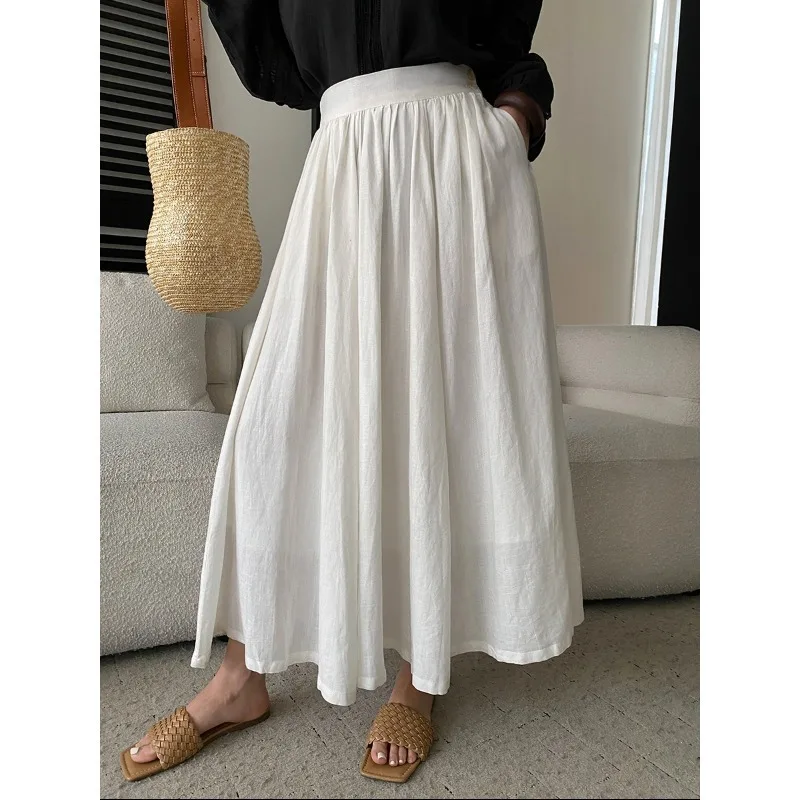 

Праздничная французская белая льняная макси-юбка с завышенной талией и плиссированными деталями для женщин, элегантный повседневный стиль I85J