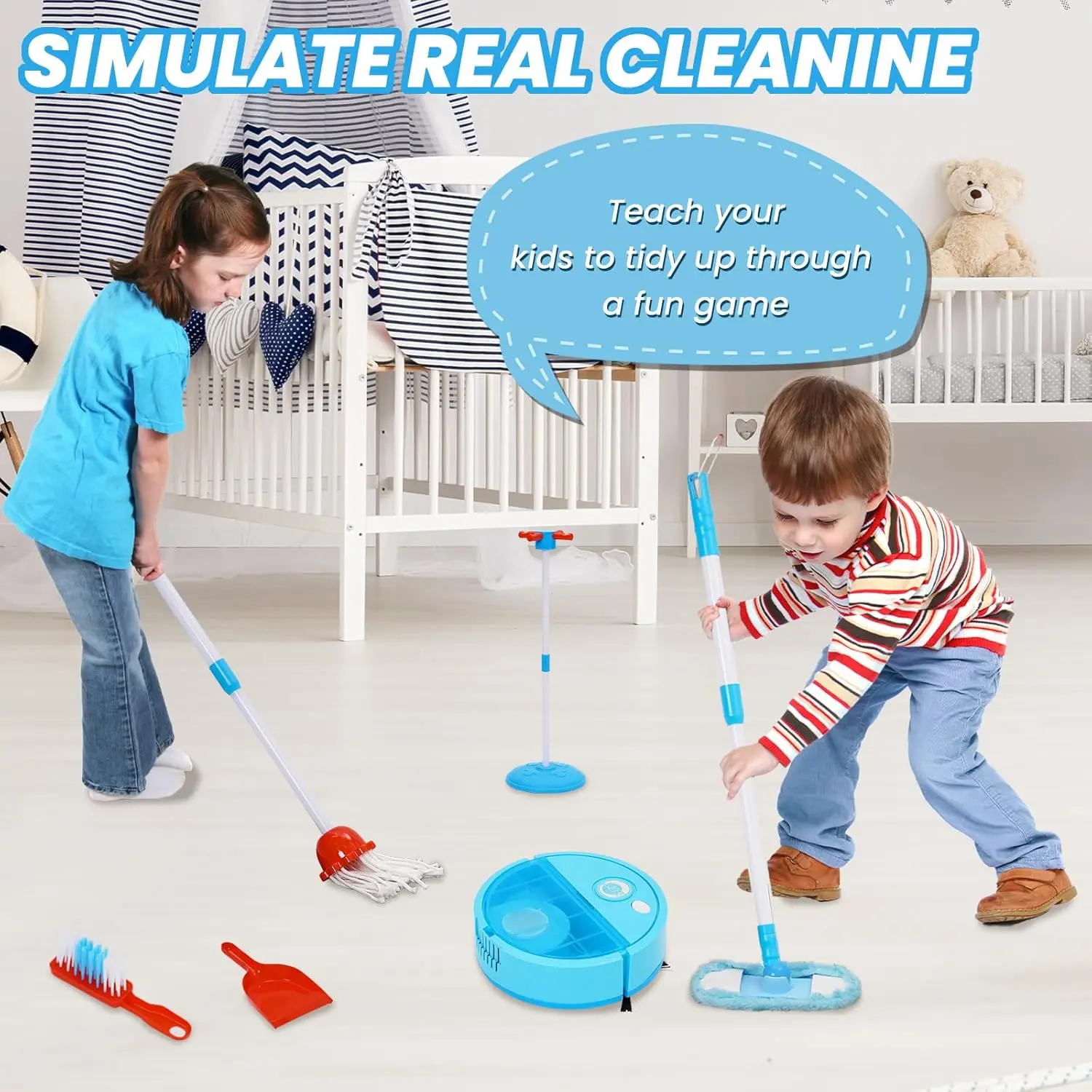 Ensemble de nettoyage pour enfants en bas âge, ensemble éducatif de jeu de simulation avec aspirateur pour enfants en bas âge, Robot de balayage de sol, balai, vadrouille, brosse, poêle à poussière