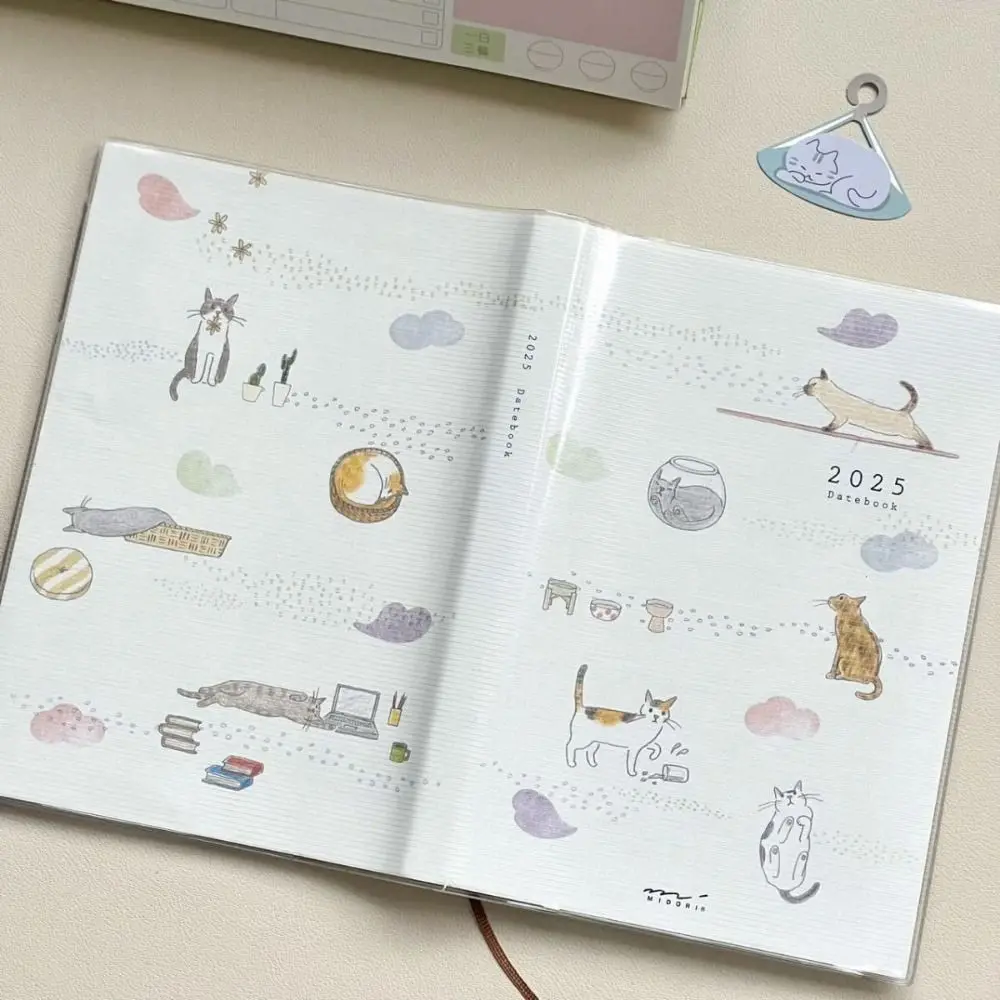 Cute Animal Cat 2025 Planner Notebook Color Page Thick Paper Student Class Notebook Multifunction Creative Diary Handbook Gifts