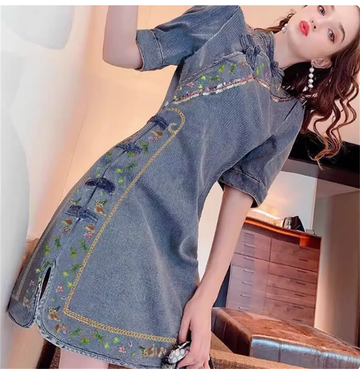 Zomer Nieuwe Retro Chinese Stijl Gesp Denim Jurk