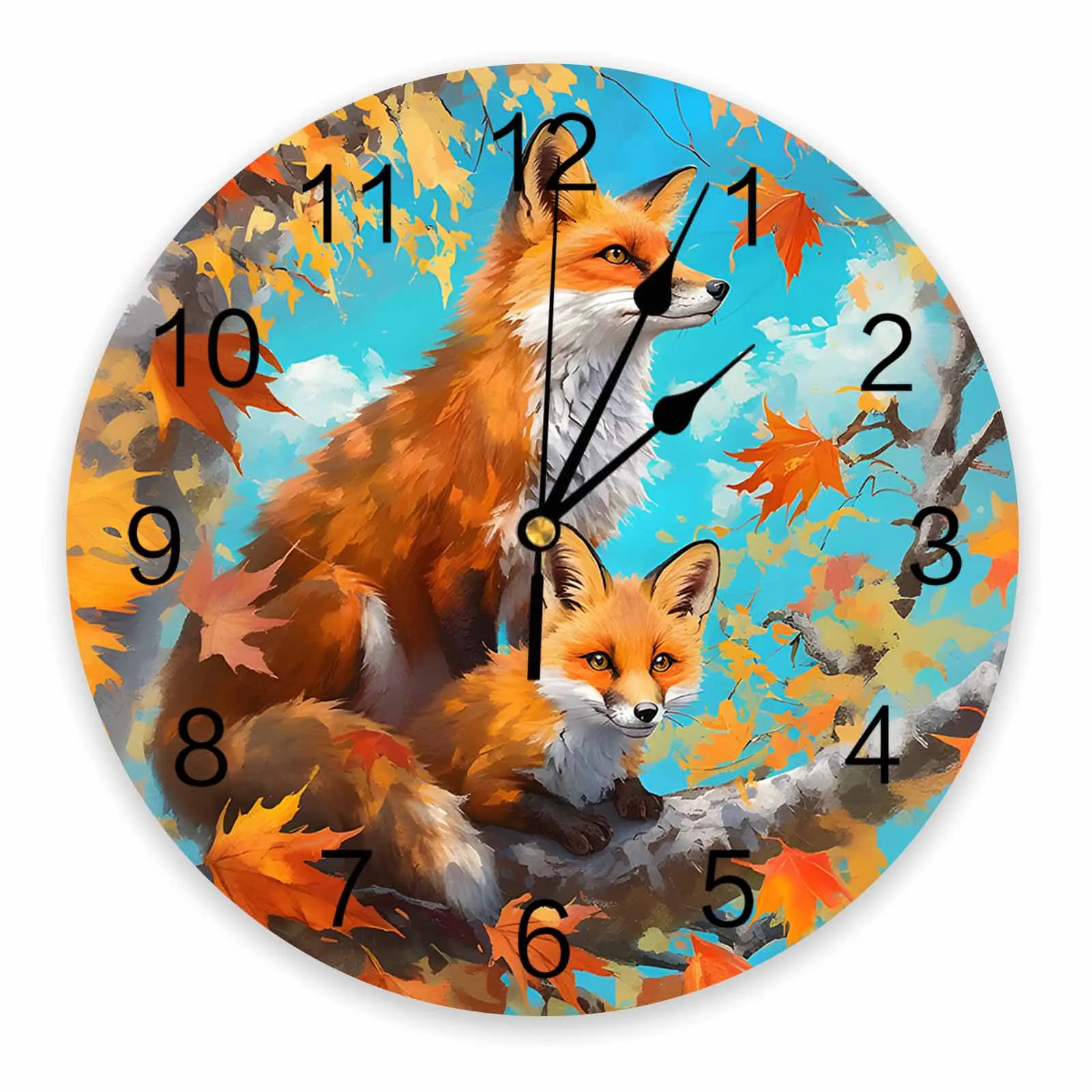 Autumn Maple Leaves Maple Leaves Fox Printed Wall Clock Modern Silent Clock Living Room Home Decor Wall Hanging Watch