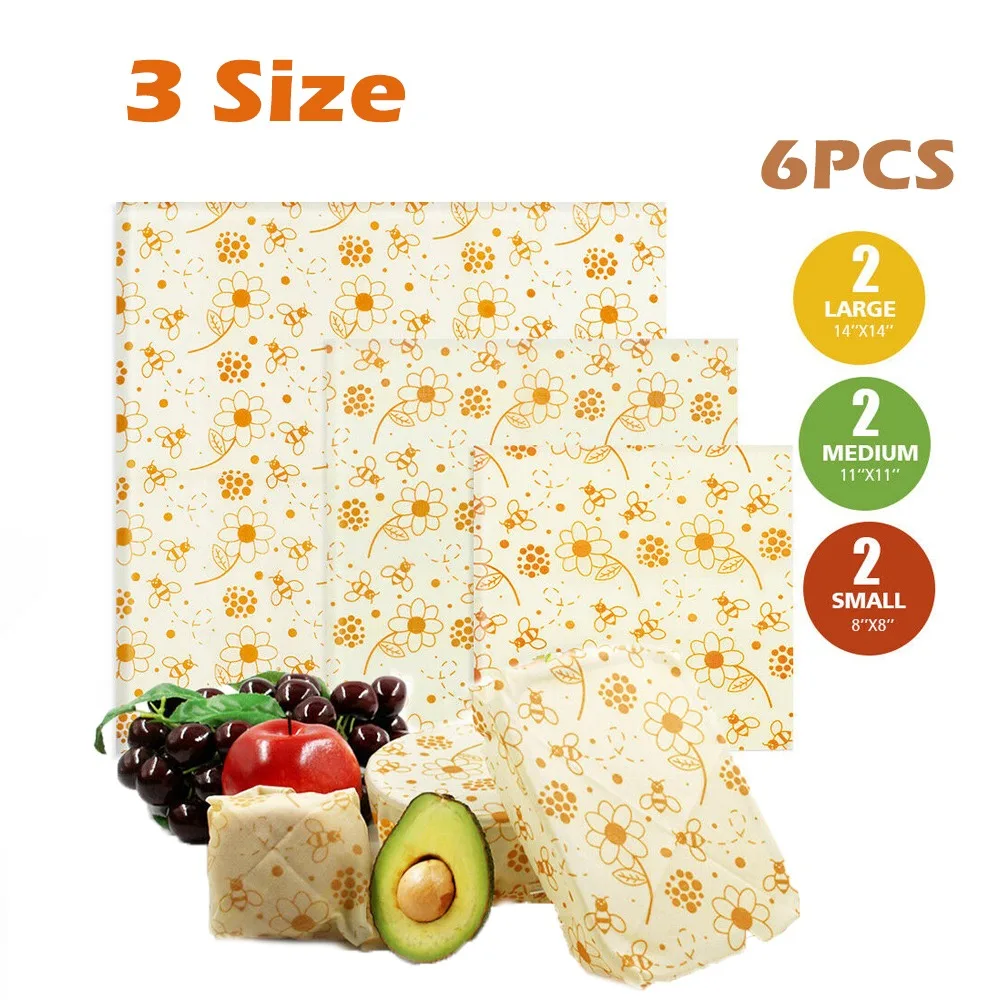 6pcs beeswax food packaging, easy to clean and recyclable, with three sizes of packaging paper for vegetables, fruits, and bento