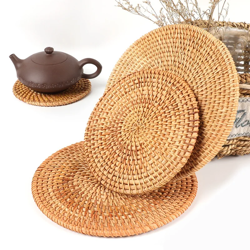 

Placemat Pad Coasters Kitchen Table Mats rattan coaster Bowl Mats Padding Mat Insulation Pad Round Placemats Hand-made Wholesale