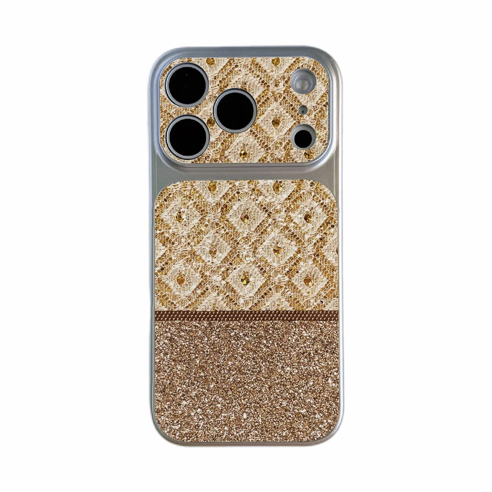 Gold Lace With Glitter Accents Pattern Phone Case For iPhone 18 Pro Max 17 15 Pro 16 14 13 Pro 12 11 Faux leather with lanyard view 6