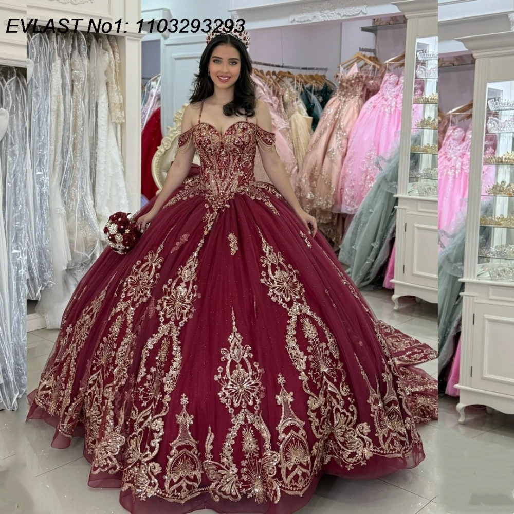 

EVLAST индивидуальное бордовое платье Quinceanera, бальное платье, золотой кружевной корсет с аппликацией и бисером, Sweet 16, Vestidos De 15 Anos E1QN432
