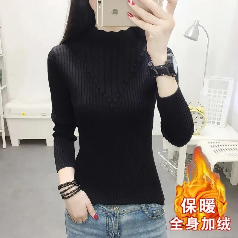 2022 New Arrival Add Velvet Thick Pullover Knitted Sweater Top Fashion Elegant Women Autumn Winter Solid Half High Neck Top