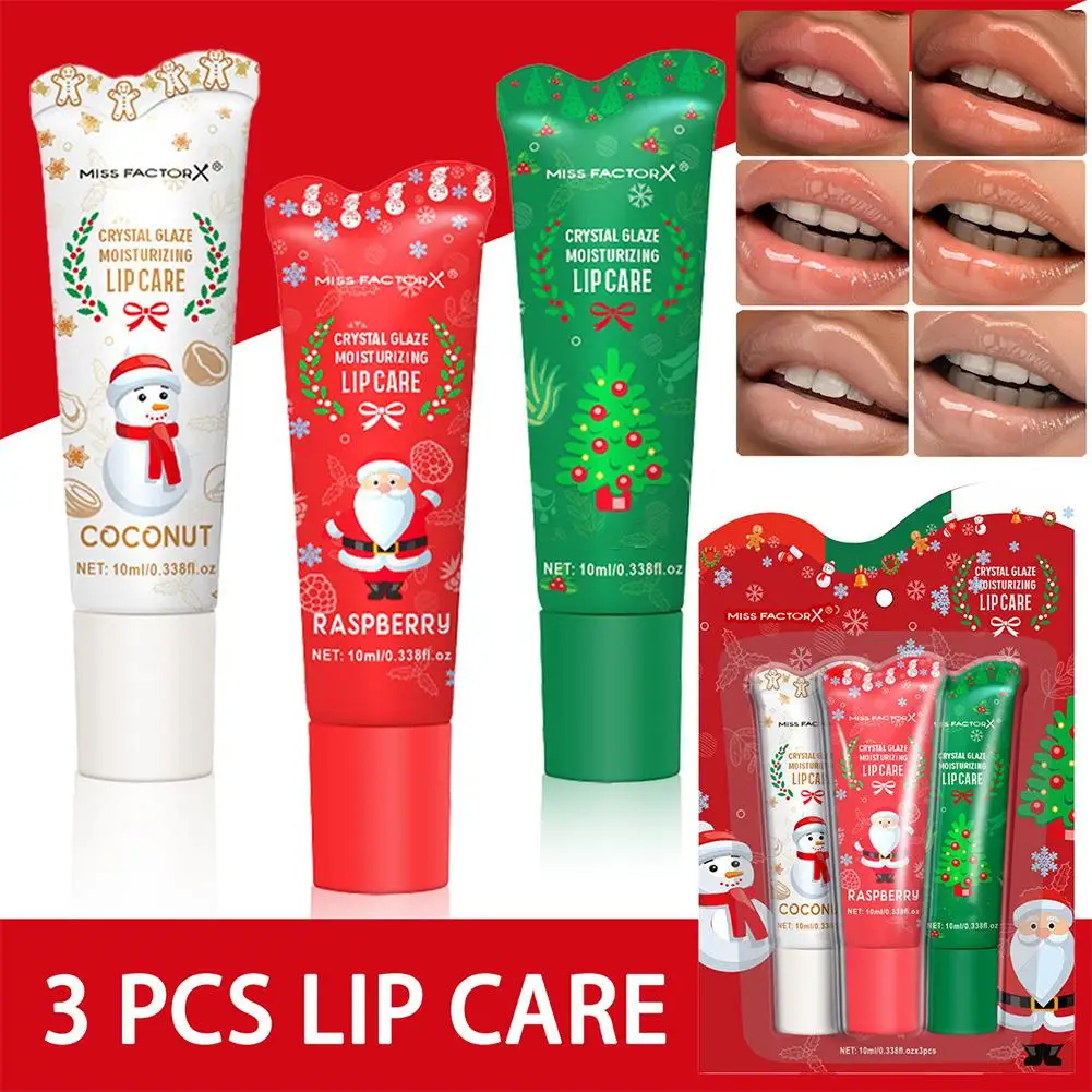 3-piece Christmas card lipstick set -3 flavors (coconut, raspberry, aloe) lasting moisturizing and luster, portable belt